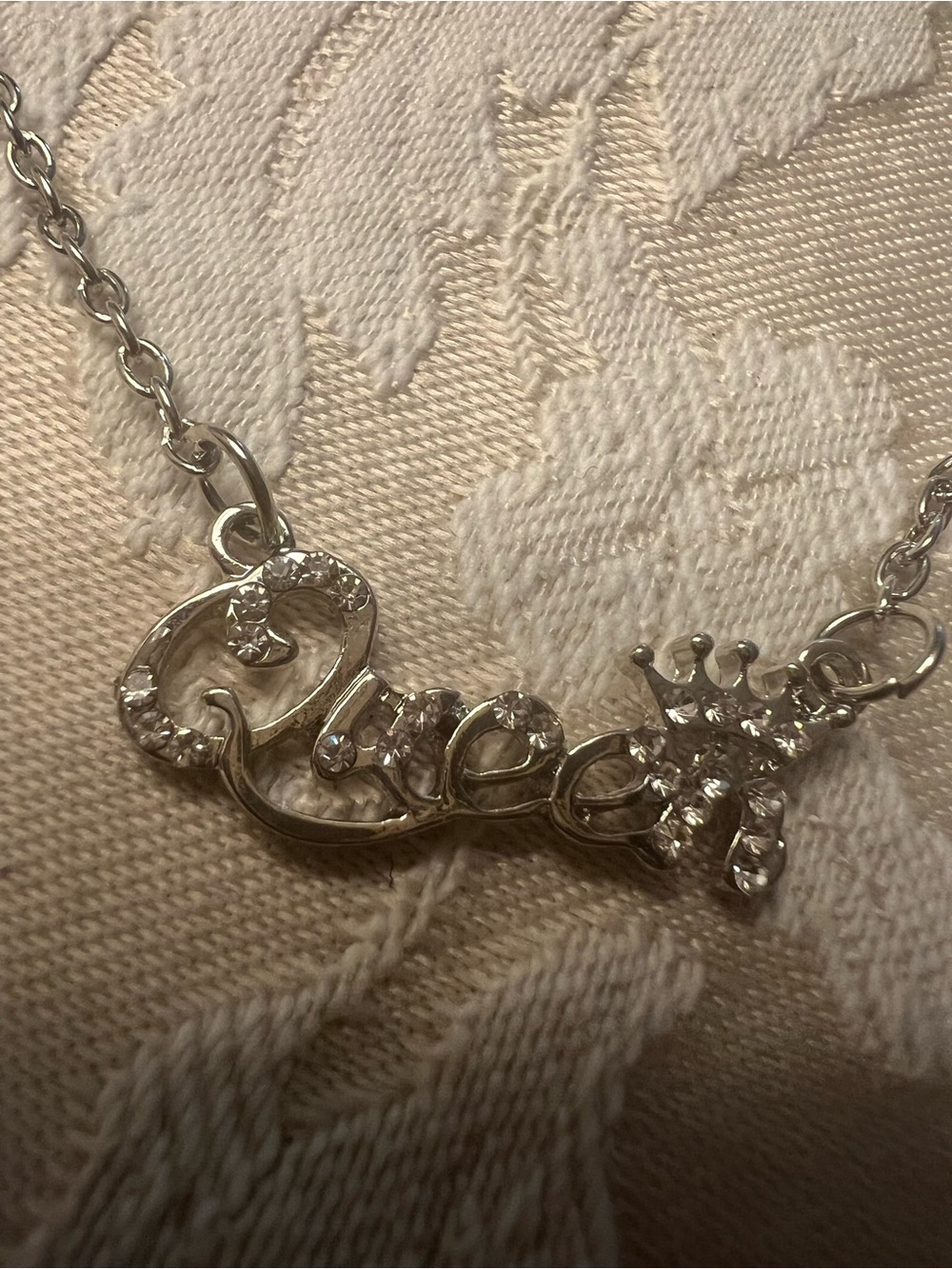 Silver 'Queen' Script Pendant Necklace with Clear Crystals